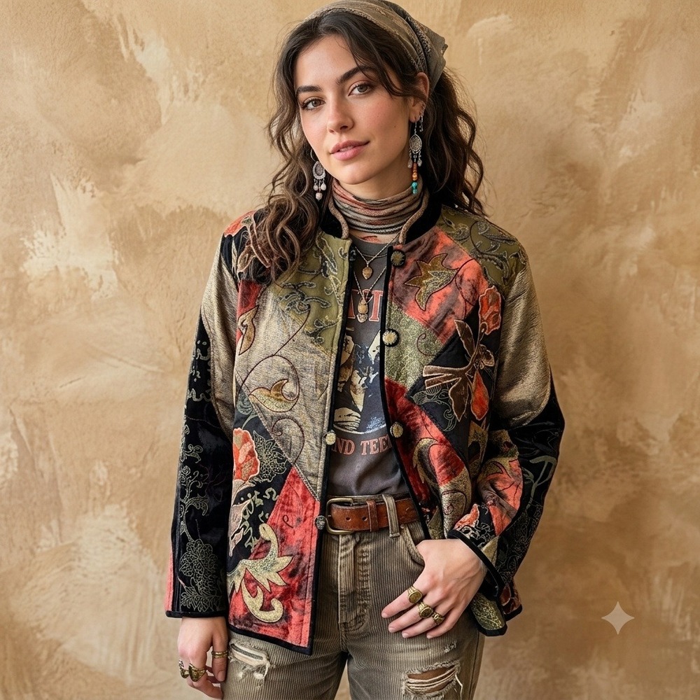 Flashback Patchwork Jacket M VTG 90's Multicolor Velvet Brocade Embroidered Boho